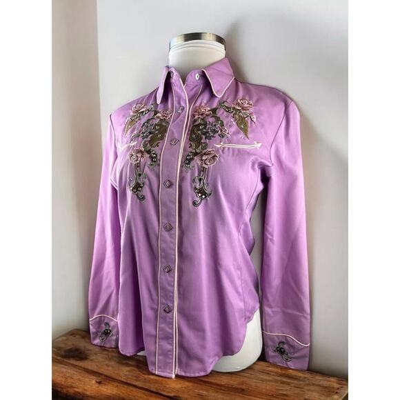 Scully Tops - Scully Floral Embroidered Snap Front Cowgirl Shirt Western Top Women's Medium